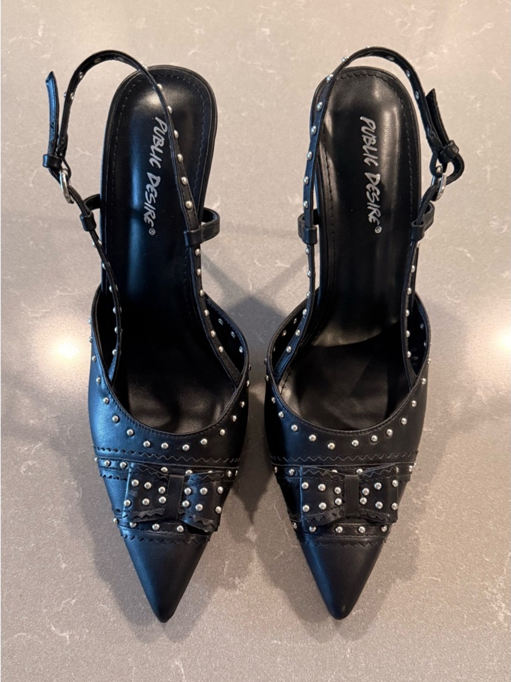 Public Desire Black Studded Pointed Slingback Heels with Bow